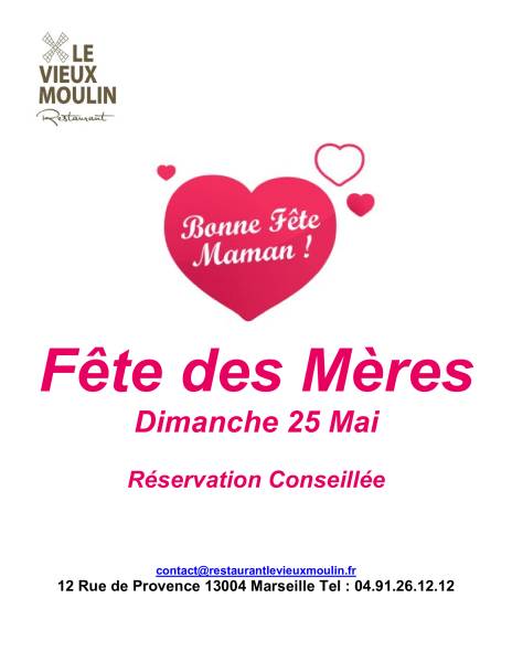 Menu pour la fête des mères le Dimanche 25 MAI à Marseille